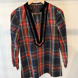 J. Crew Red and Black Plaid Tunic with Velvet Trim